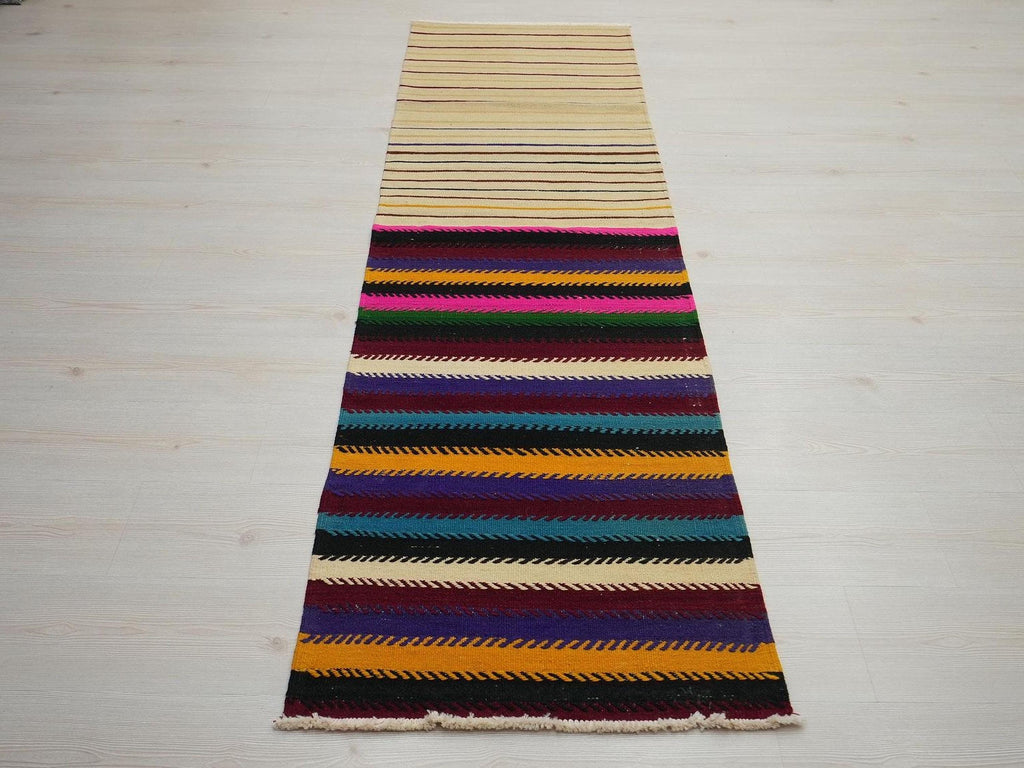 Vintage Turkish Kilim Rug Runner: 2x8 Stripe Wool Flat Weave Rugs.