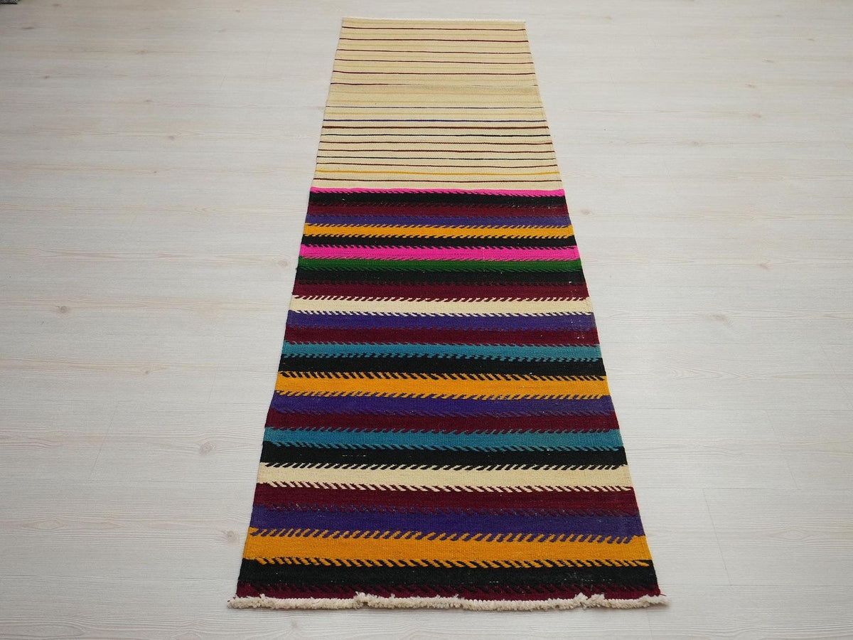 Vintage Turkish Kilim Rug Runner: 2x8 Stripe Wool Flat Weave Rugs.