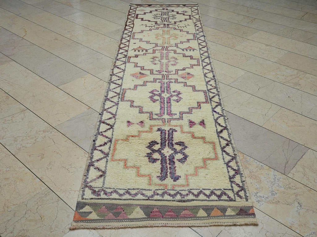 Moroccan Style Handmade Turkish Wool Rug Runner: 3x11 Neutral Color Rugs.