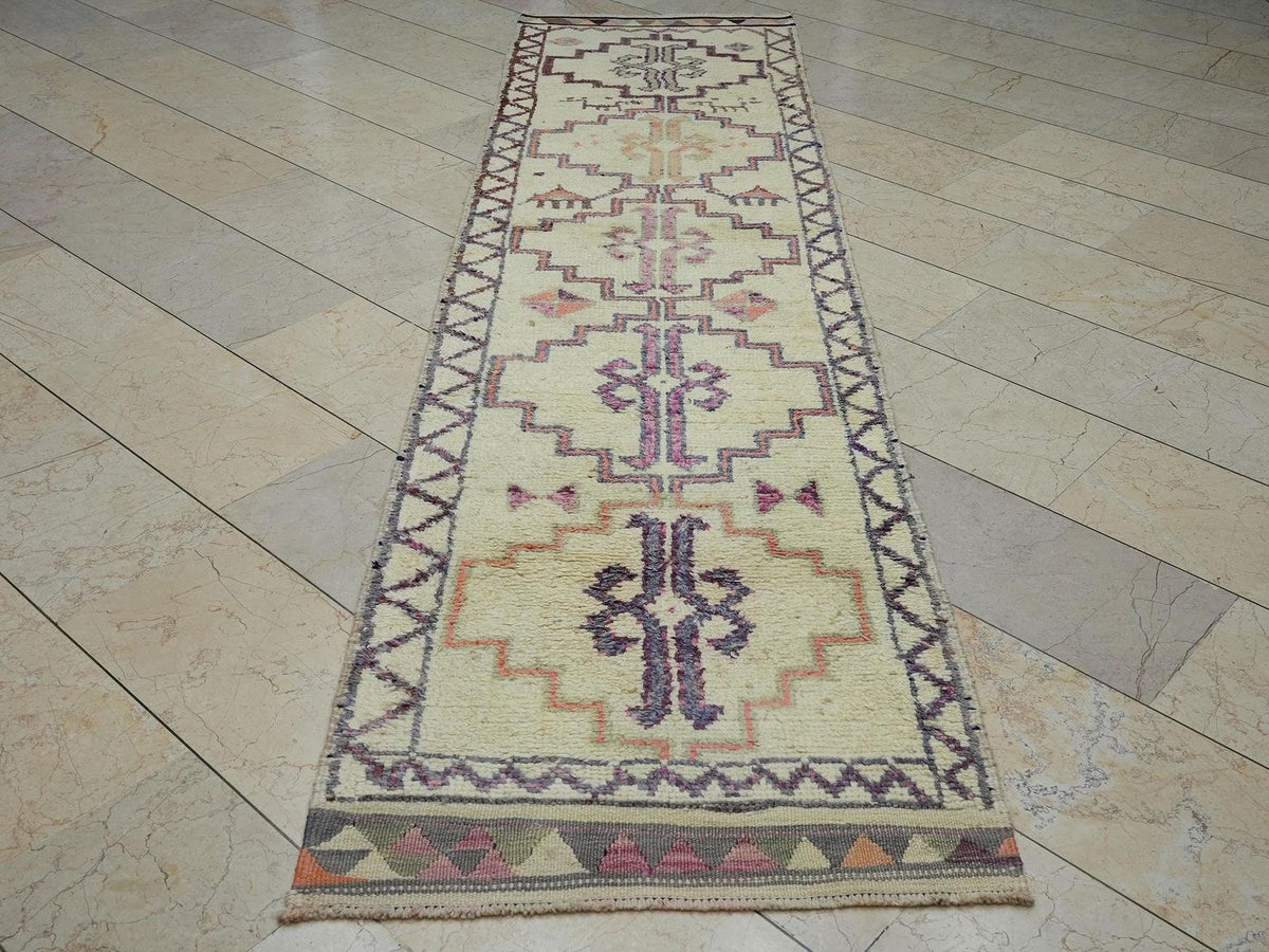 Moroccan Style Handmade Turkish Wool Rug Runner: 3x11 Neutral Color Rugs.