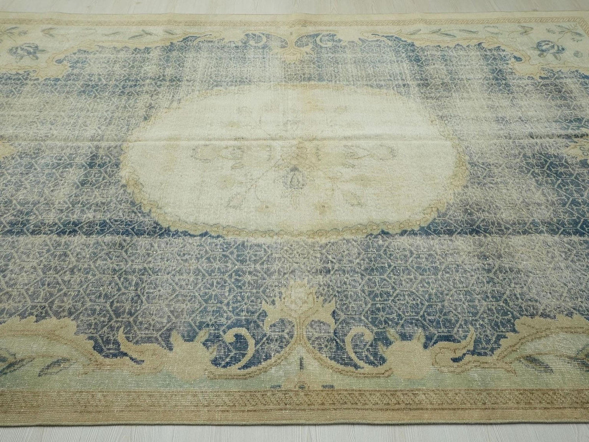 Navy Blue Oushak Rug: Large Vintage Turkish Wool Carpet, 6,6"x9,6" Ft.