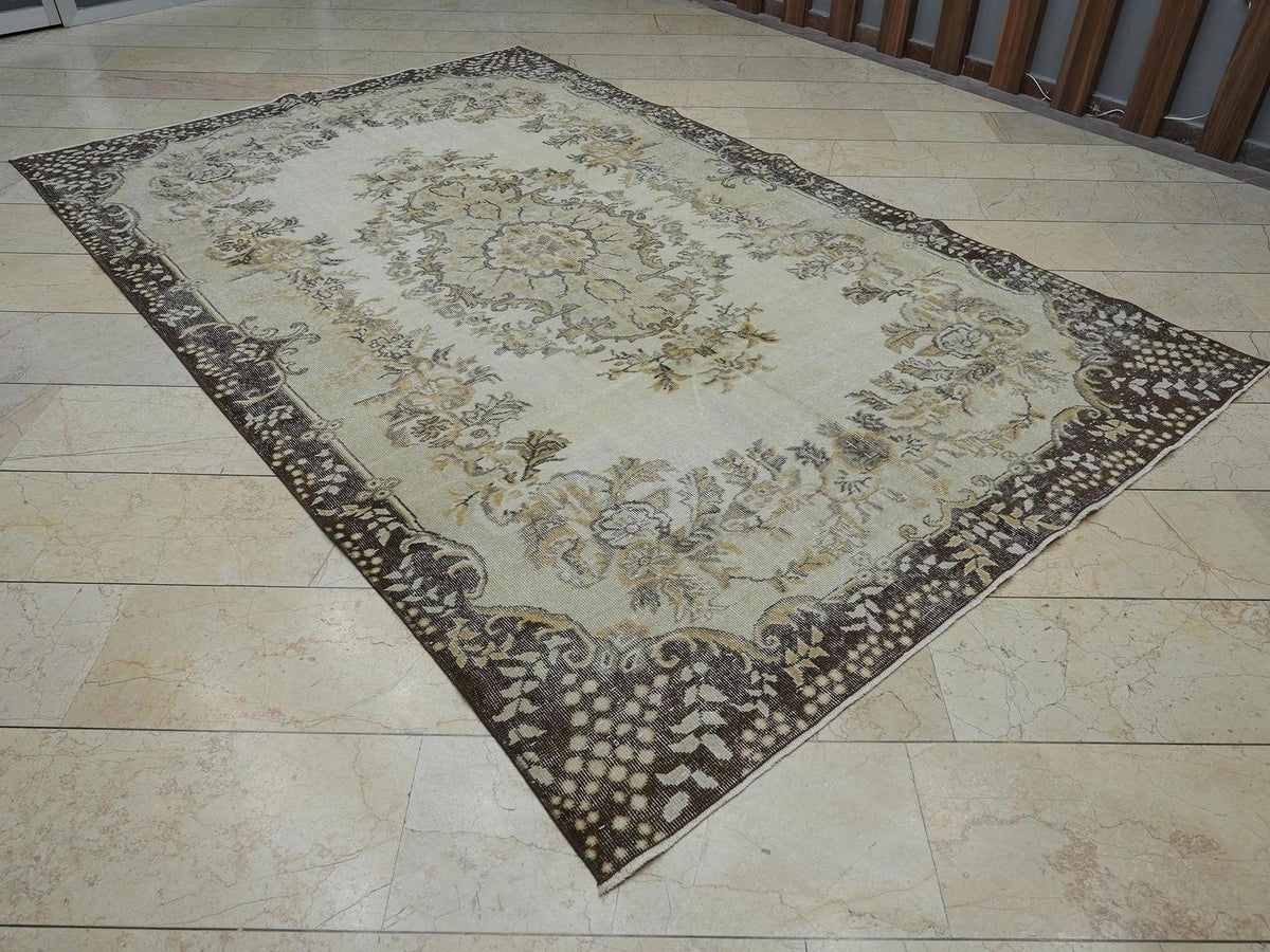 Large Vintage Turkish Carpet Rug: 6.6x10.2 Ft,Mid Century Modern Home Decor Oushak Rugs