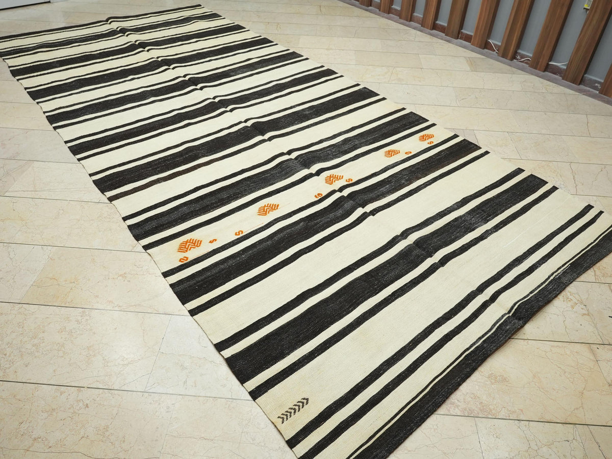 Striped Turkish Kilim Rug: Mid-Century Modern Farmhouse Decor Natural Rugs, 6,1x13,8 Feet.