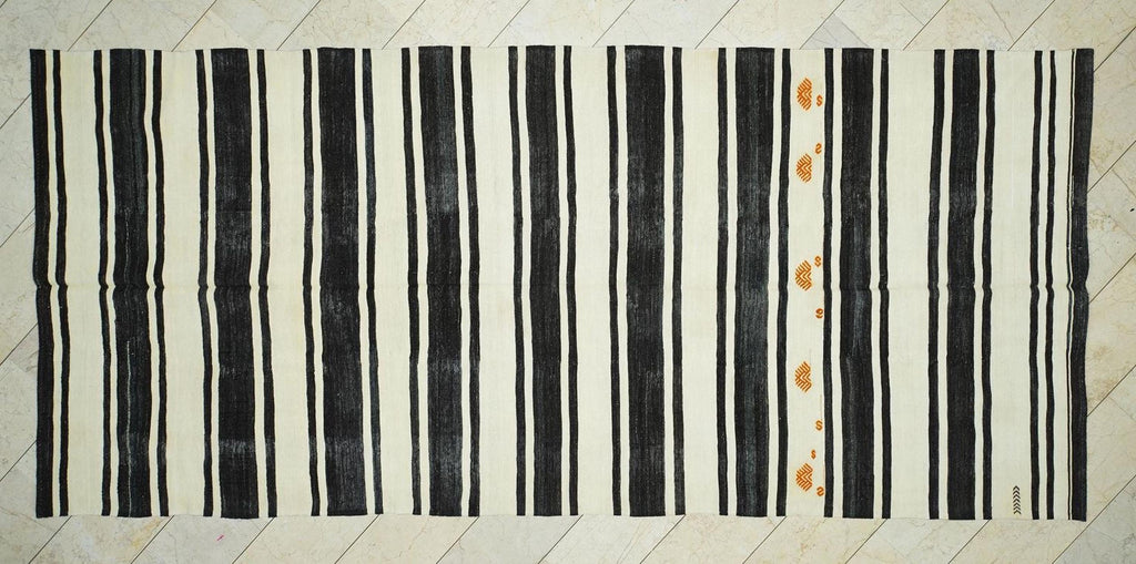 Striped Turkish Kilim Rug: Mid-Century Modern Farmhouse Decor Natural Rugs, 6,1x13,8 Feet.