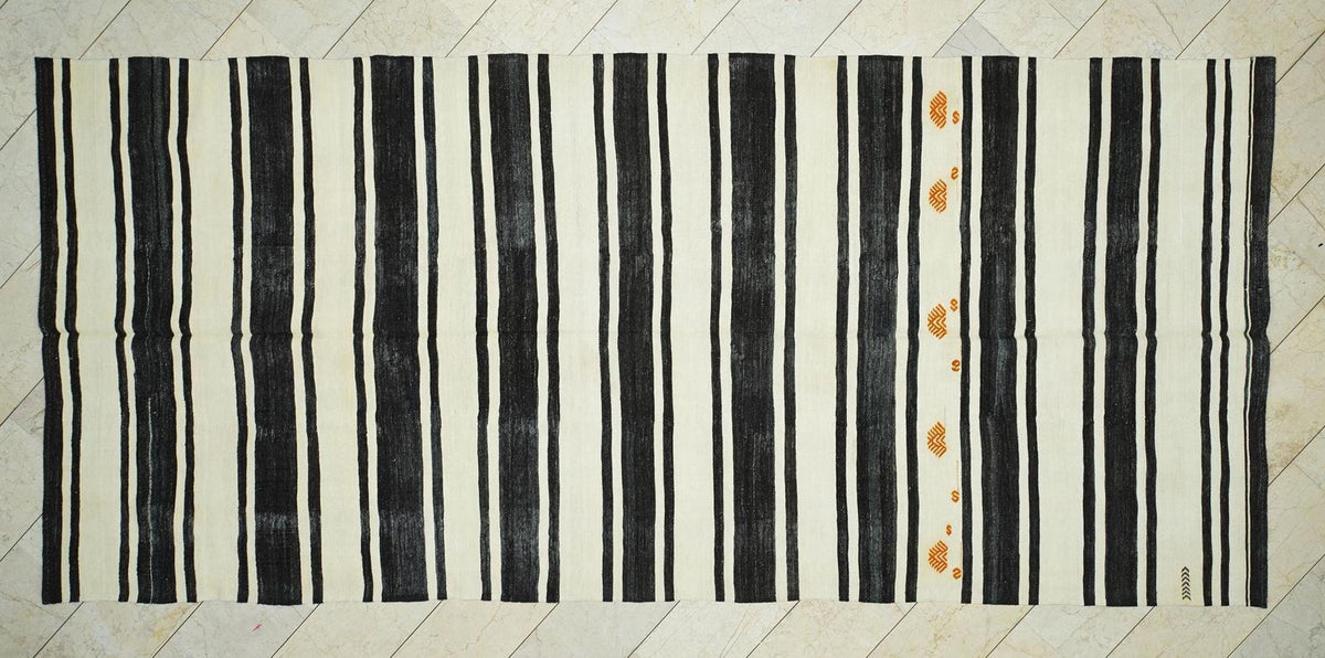 Striped Turkish Kilim Rug: Mid-Century Modern Farmhouse Decor Natural Rugs, 6,1x13,8 Feet.