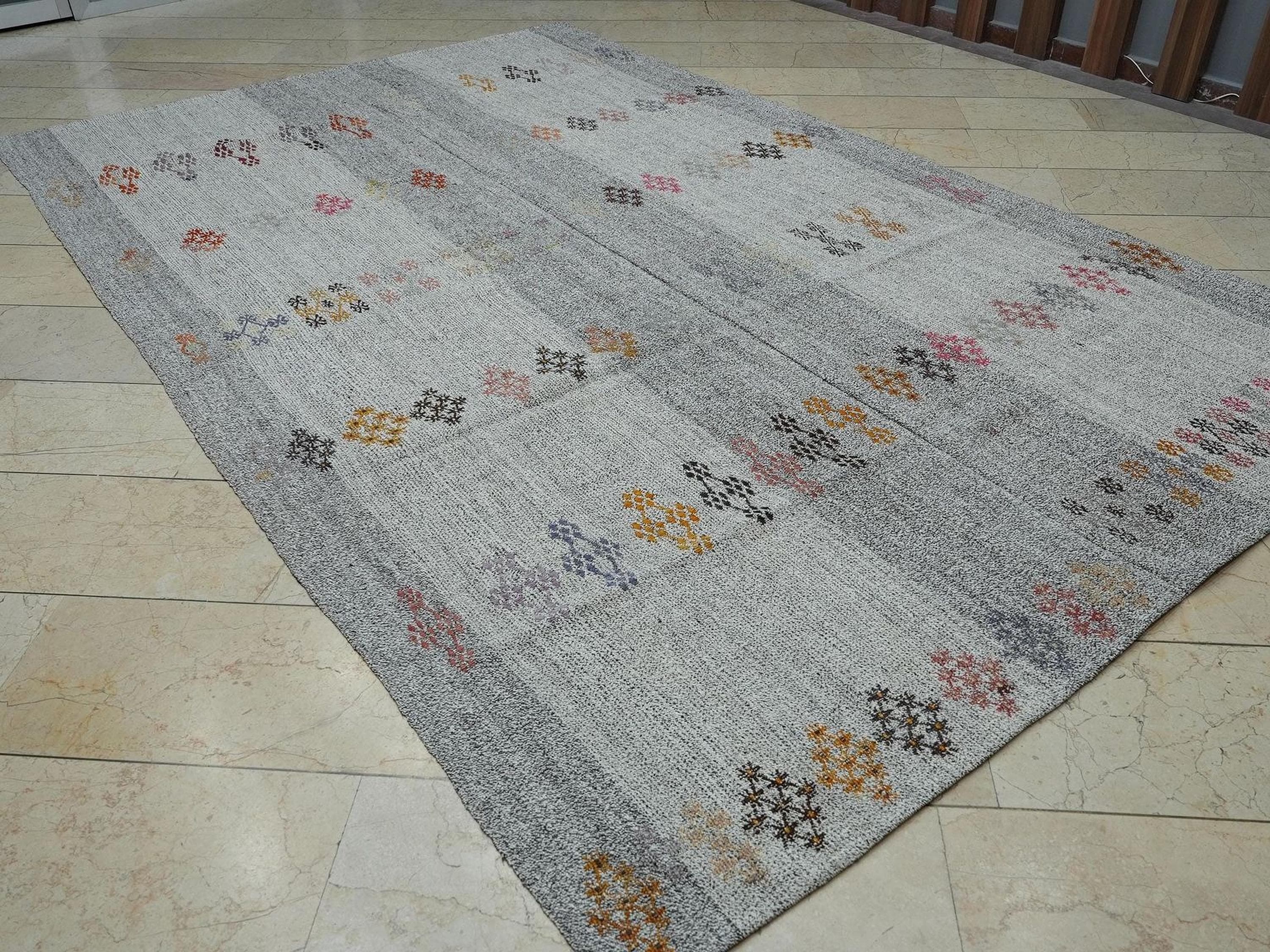 7x11 Large Natural Gray Kilim Rug: Mid-Century Modern Home Living Handwoven Rugs.