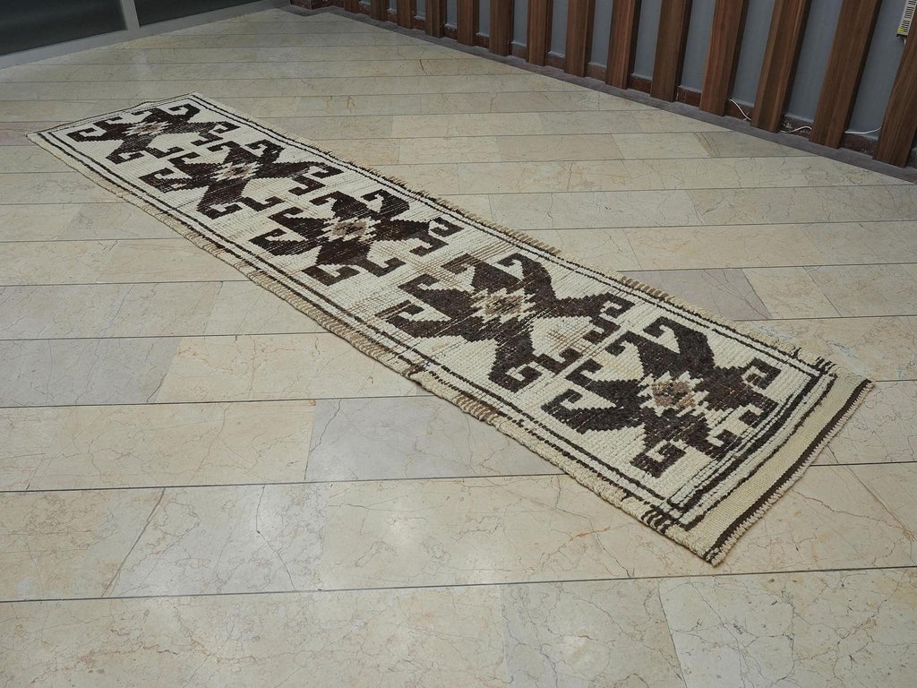 Vintage Turkish Wool Rug Runner: Natural Dark Brown & Cream Long Rugs, 2,7"x11,3" Feet.