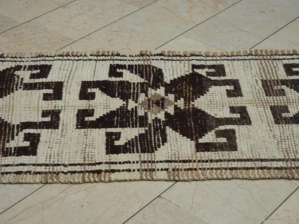 Vintage Turkish Wool Rug Runner: Natural Dark Brown & Cream Long Rugs, 2,7"x11,3" Feet.