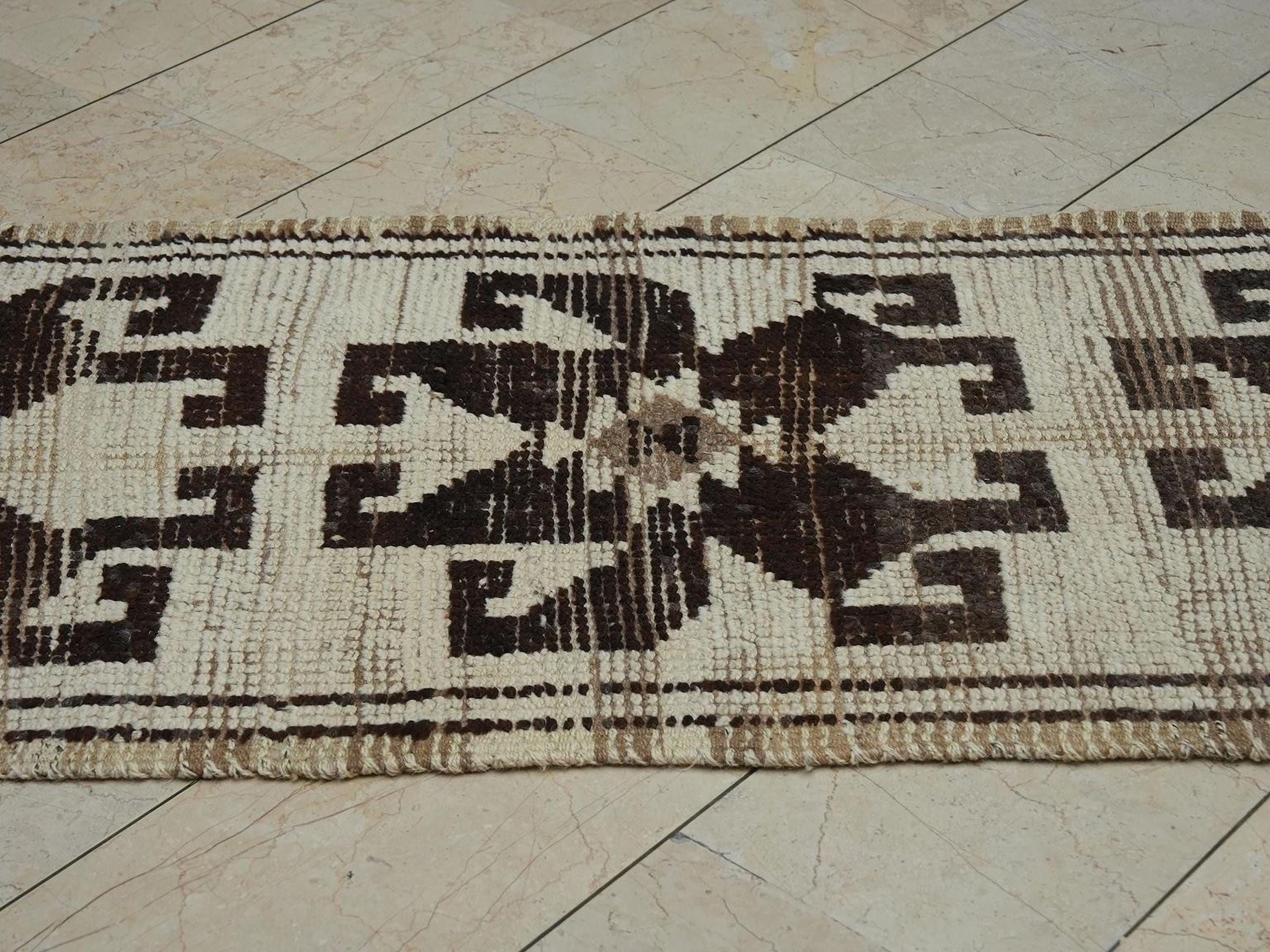 Vintage Turkish Wool Rug Runner: Natural Dark Brown & Cream Long Rugs, 2,7"x11,3" Feet.
