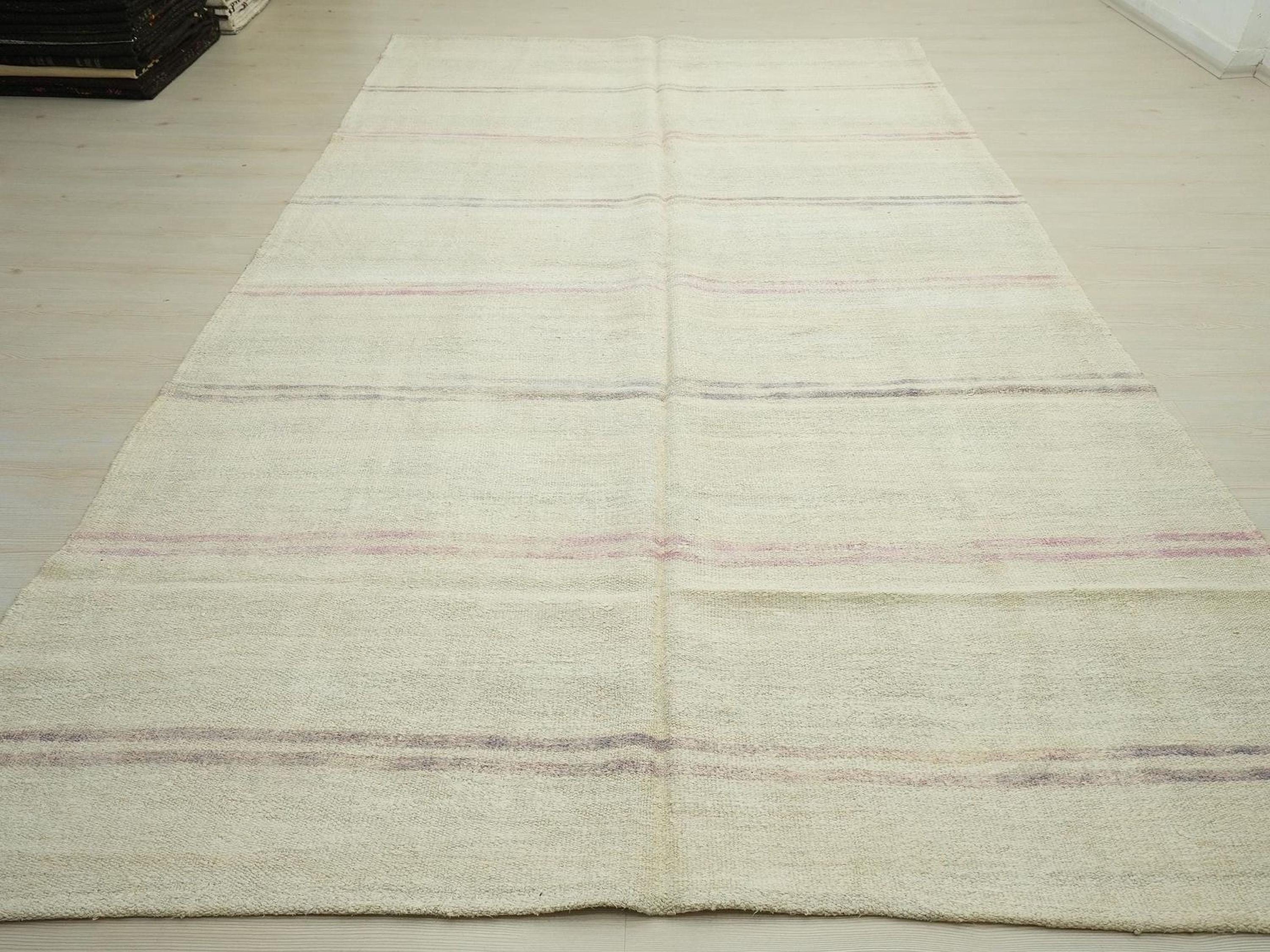 Eco-Friendly Handwoven Hemp Kilim Rug: Modern Turkish Broken Stripe Rugs, 7x11.8 Feet.