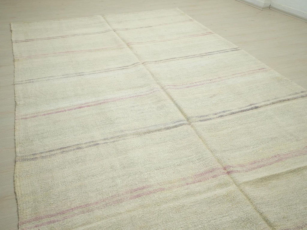 Eco-Friendly Handwoven Hemp Kilim Rug: Modern Turkish Broken Stripe Rugs, 7x11.8 Feet.