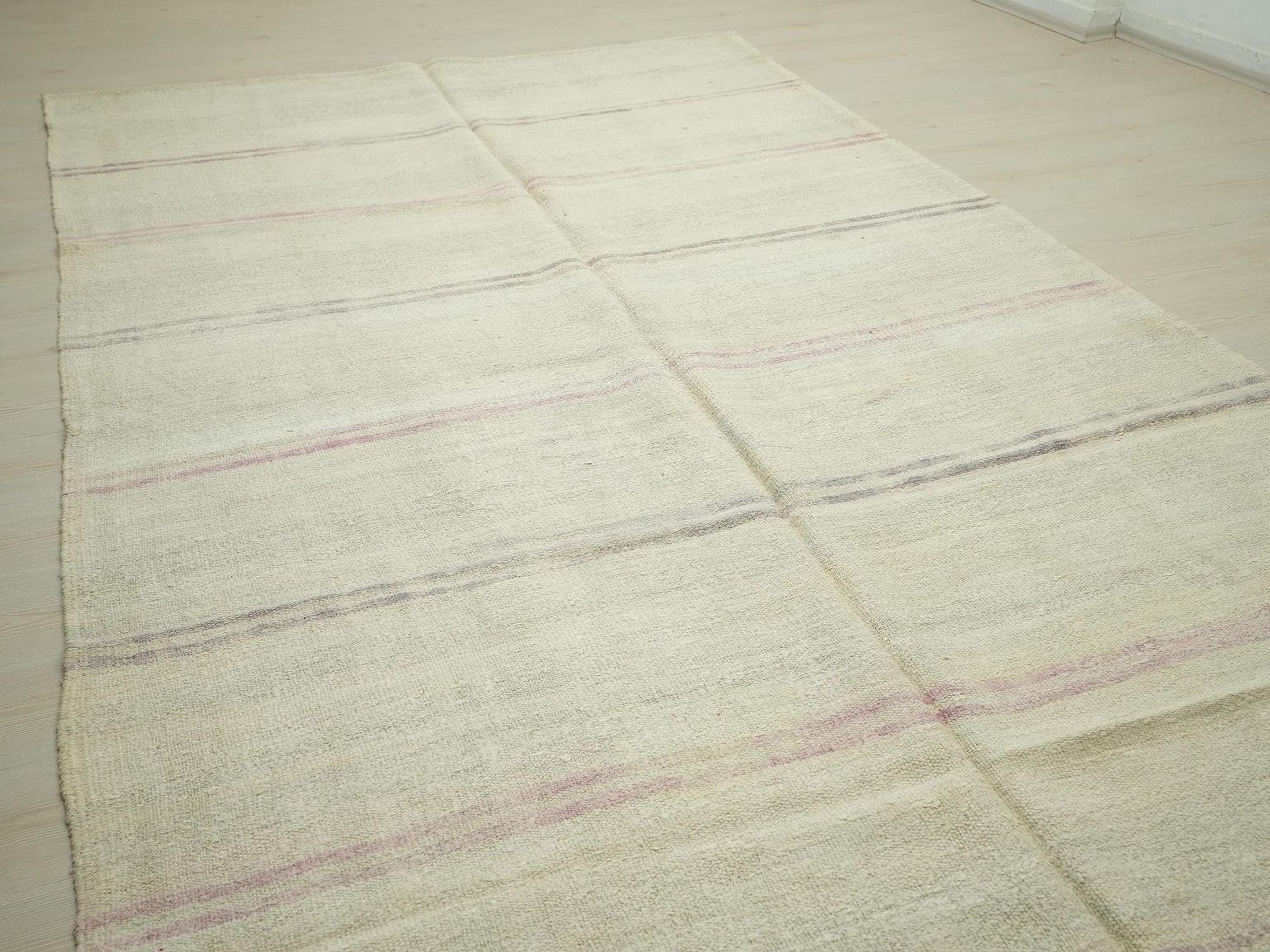 Eco-Friendly Handwoven Hemp Kilim Rug: Modern Turkish Broken Stripe Rugs, 7x11.8 Feet.