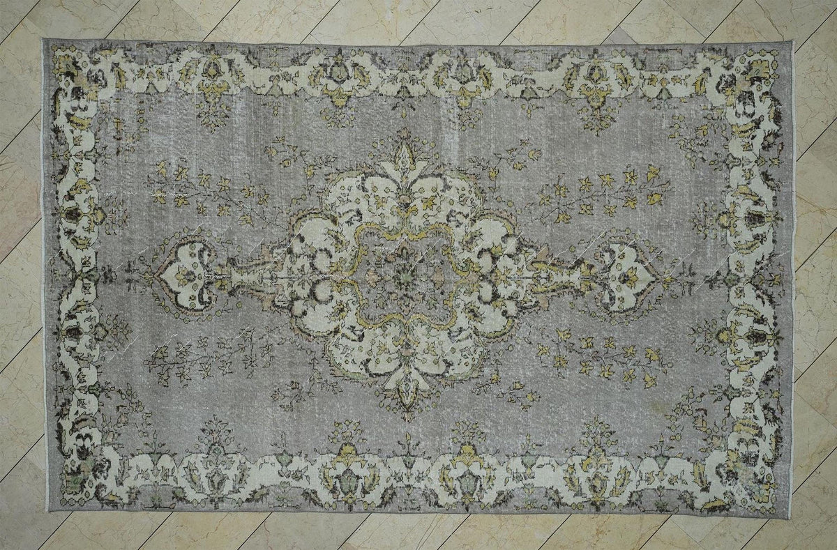 Large Vintage Oushak Rug: 6.5x10.2 Ft,Purple Beige Colors Low Pile Turkish Carpet.