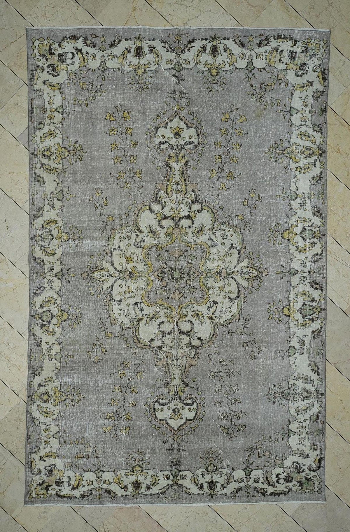 Large Vintage Oushak Rug: 6.5x10.2 Ft,Purple Beige Colors Low Pile Turkish Carpet.
