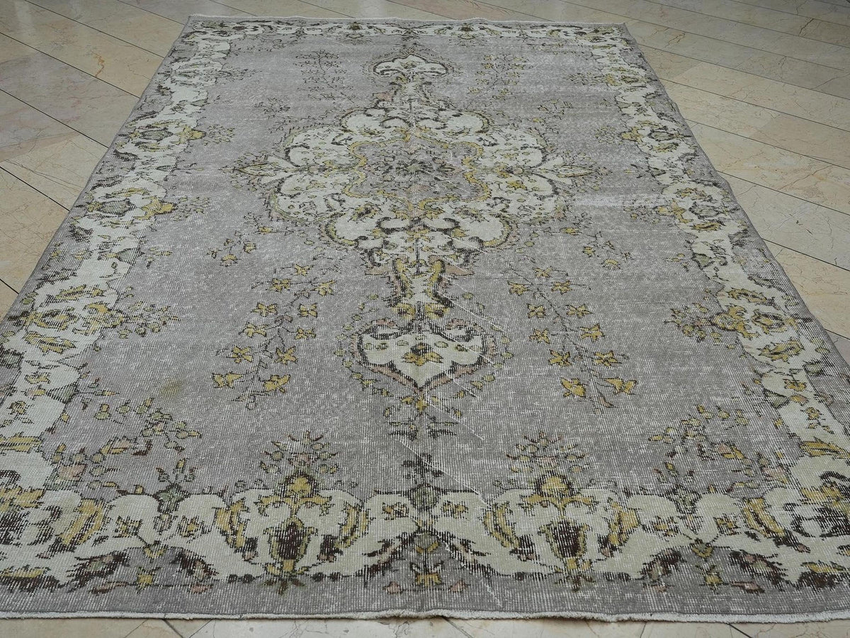 Large Vintage Oushak Rug: 6.5x10.2 Ft,Purple Beige Colors Low Pile Turkish Carpet.