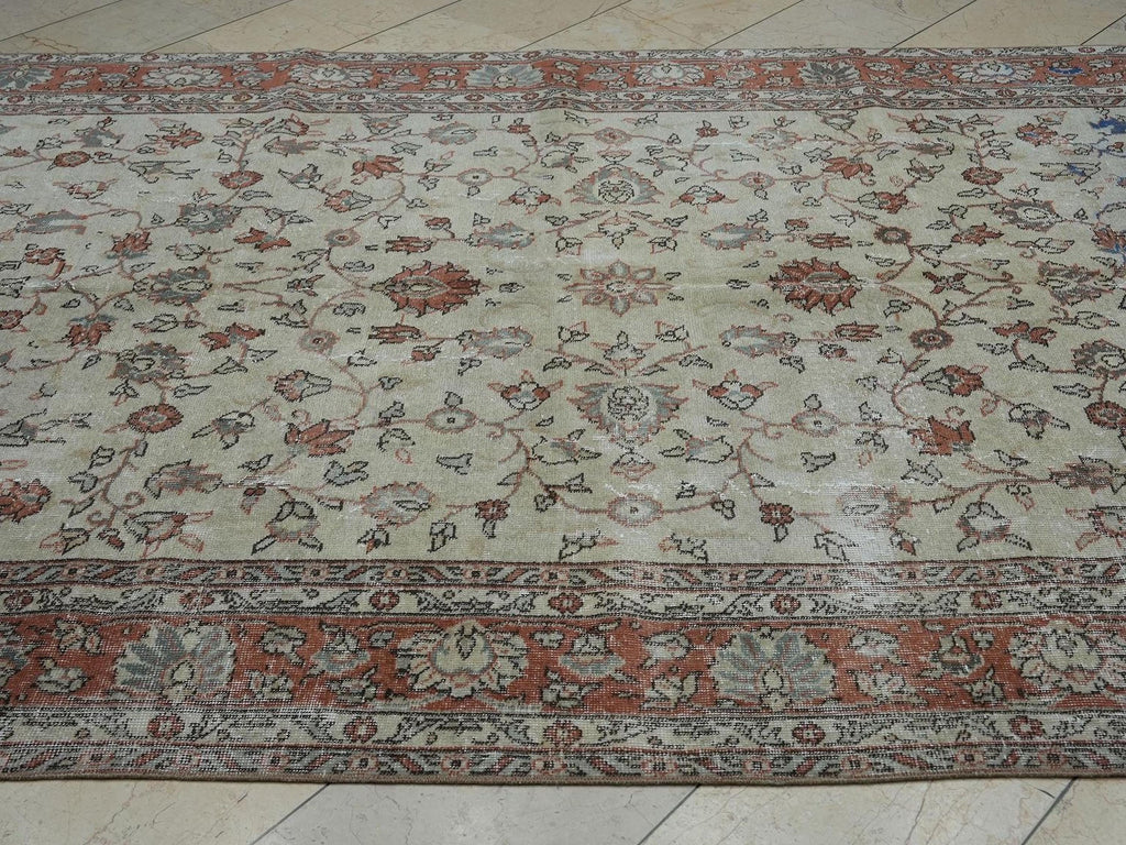7x10 Vintage Oushak Rug: Blue & Beige Turkish Wool Carpet.