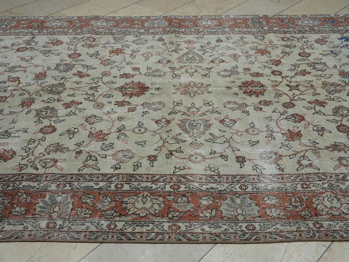 7x10 Vintage Oushak Rug: Blue & Beige Turkish Wool Carpet.