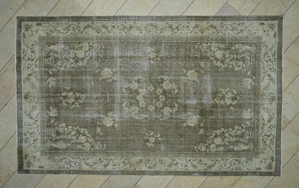 Vintage Handmade Wool Oushak Rug: 6.4x10.6 ft, Geometric Design Turkish Carpet.