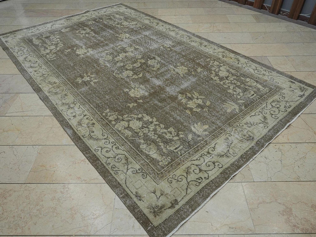 Vintage Handmade Wool Oushak Rug: 6.4x10.6 ft, Geometric Design Turkish Carpet.