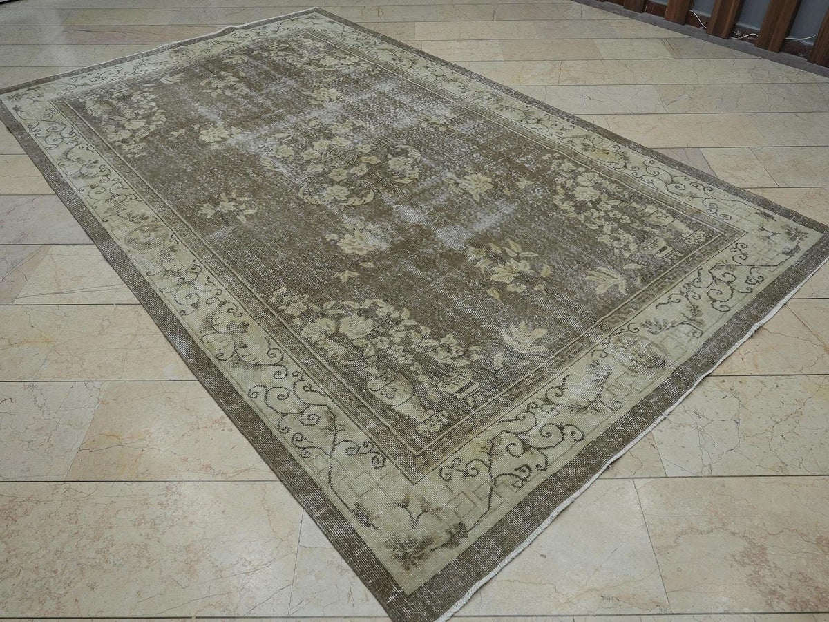 Vintage Handmade Wool Oushak Rug: 6.4x10.6 ft, Geometric Design Turkish Carpet.