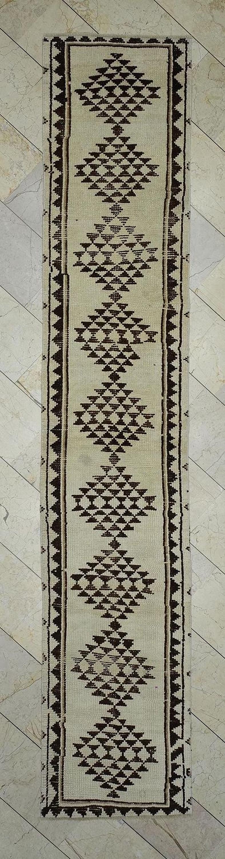 Ethnic Wool Rug Runner: Turkish Brown and Cream Hallway Decor Rugs, 2.4"x12.4" Feet.