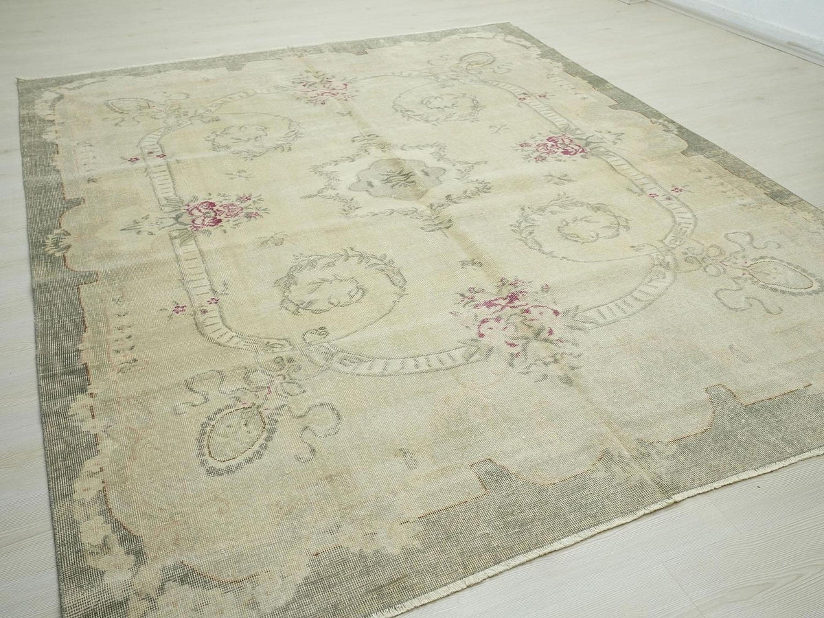 Mid Century Modern Oushak Rug: 7,4"x9,3" Ft, Handmade Turkish Wool Carpet.