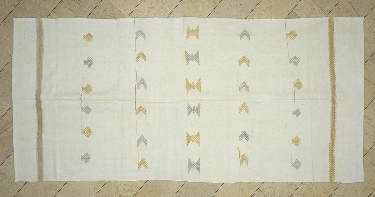 Vintage Turkish Kilim Rug: 5.6"x11.9" White Cotton Flat Weave rugs.