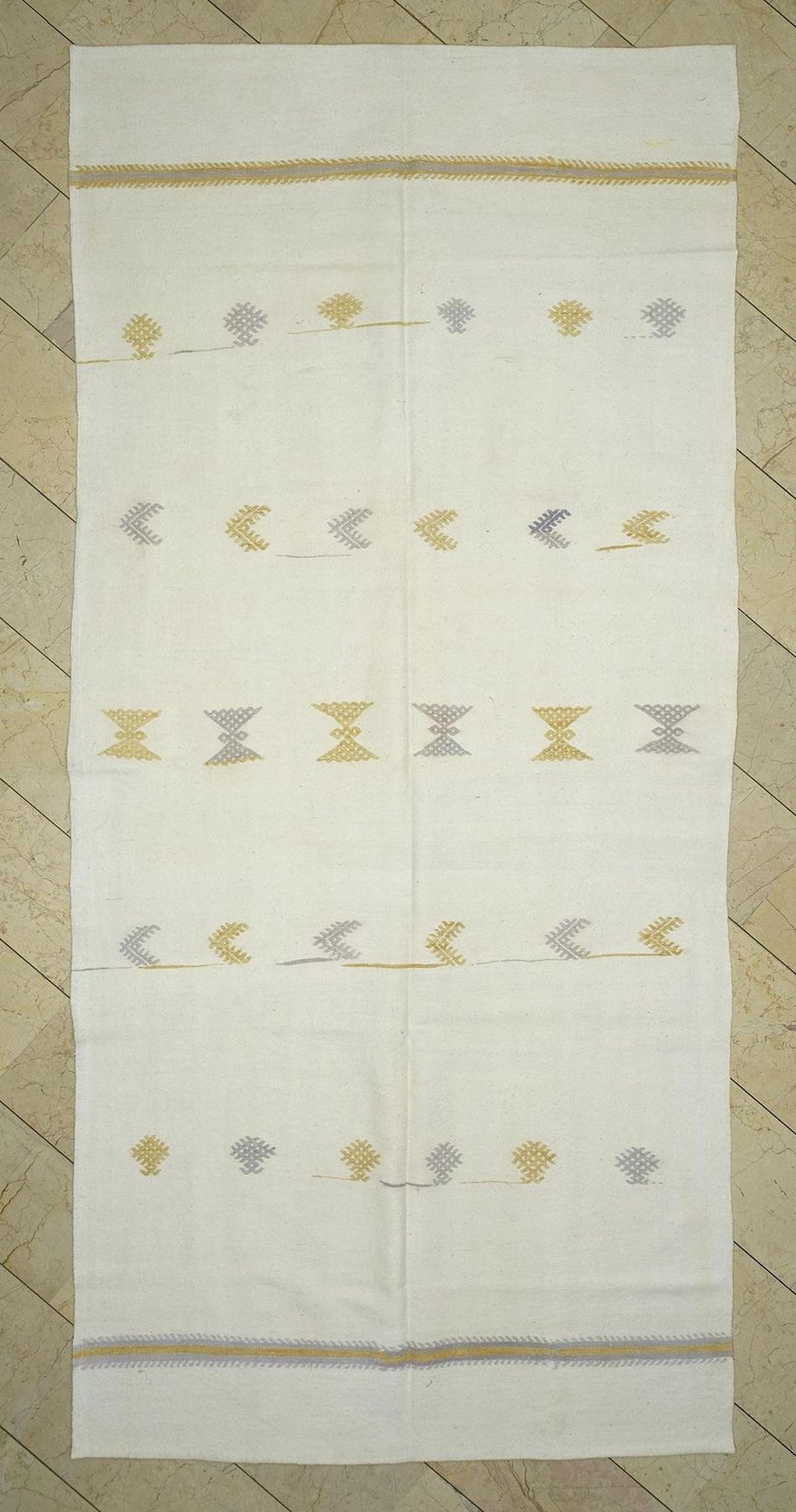 Vintage Turkish Kilim Rug: 5.6"x11.9" White Cotton Flat Weave rugs.