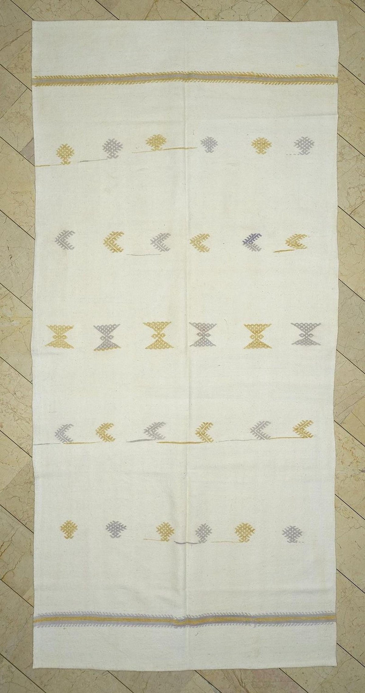 Vintage Turkish Kilim Rug: 5.6"x11.9" White Cotton Flat Weave rugs.