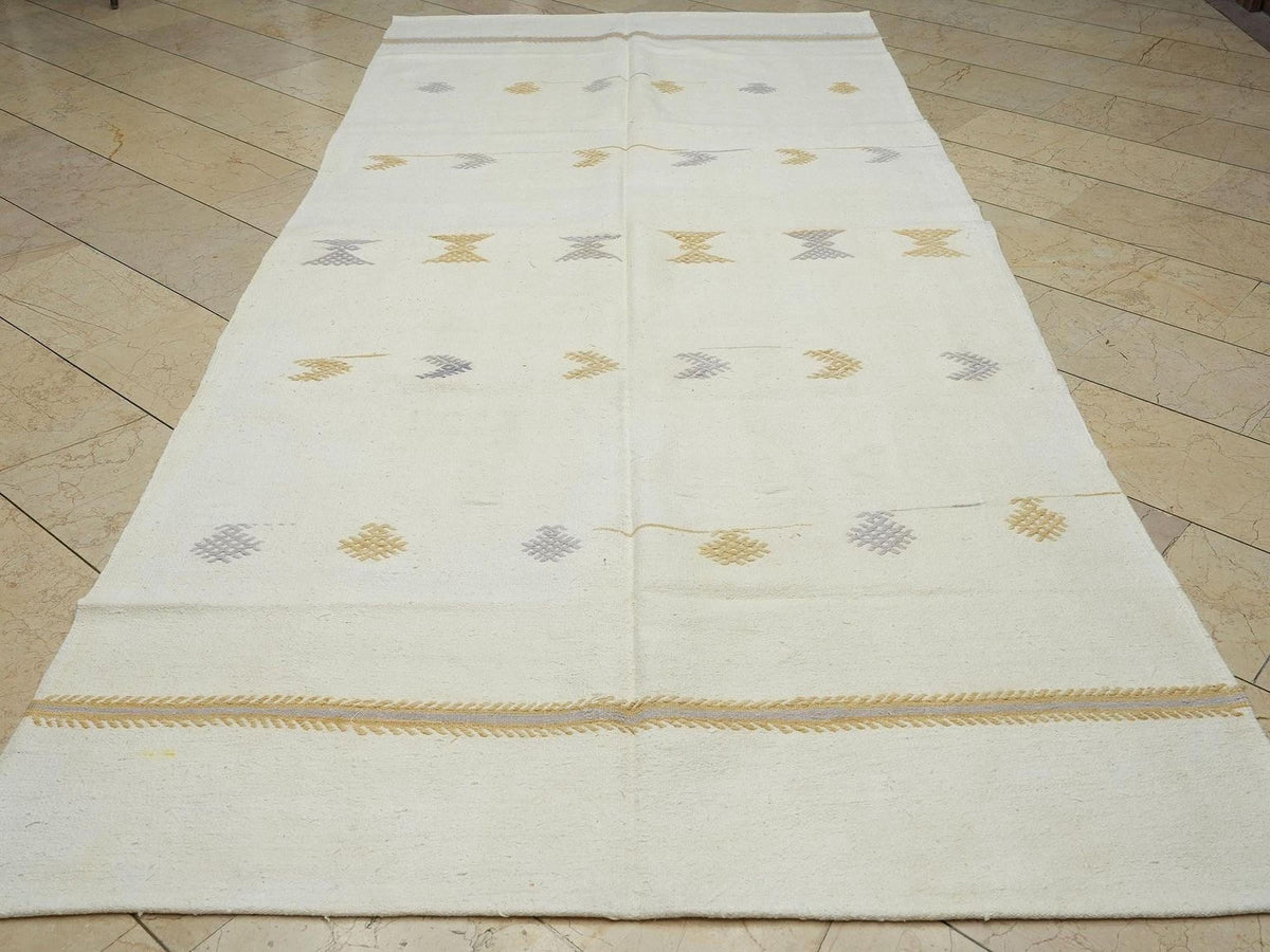 Vintage Turkish Kilim Rug: 5.6"x11.9" White Cotton Flat Weave rugs.