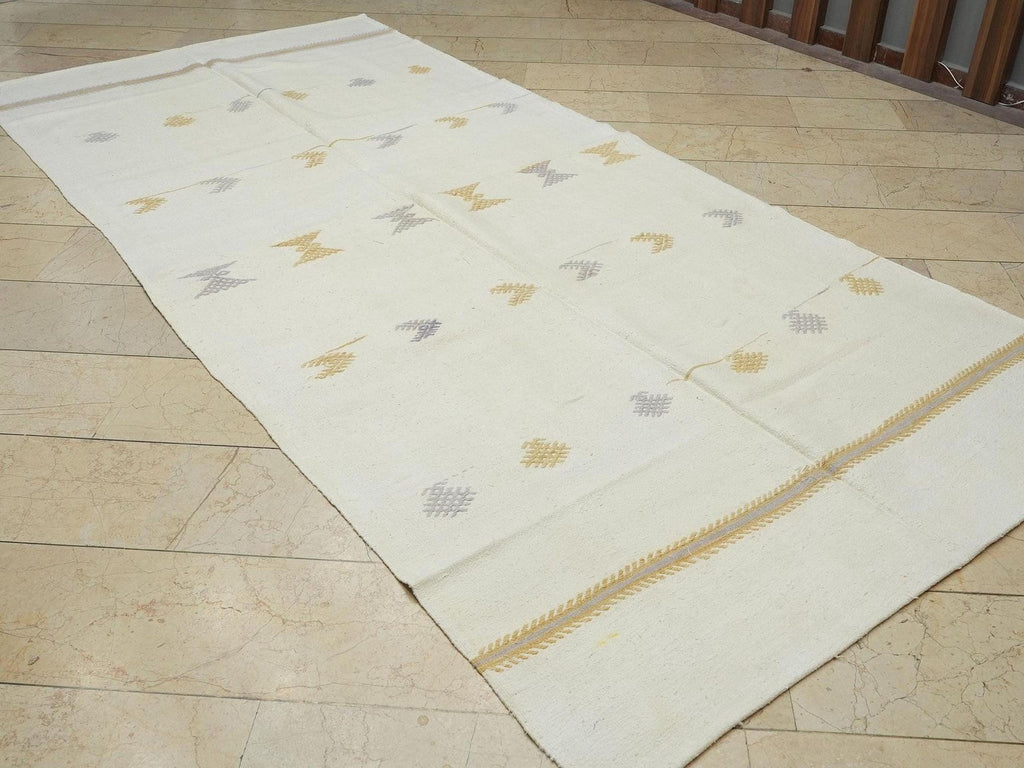 Vintage Turkish Kilim Rug: 5.6"x11.9" White Cotton Flat Weave rugs.