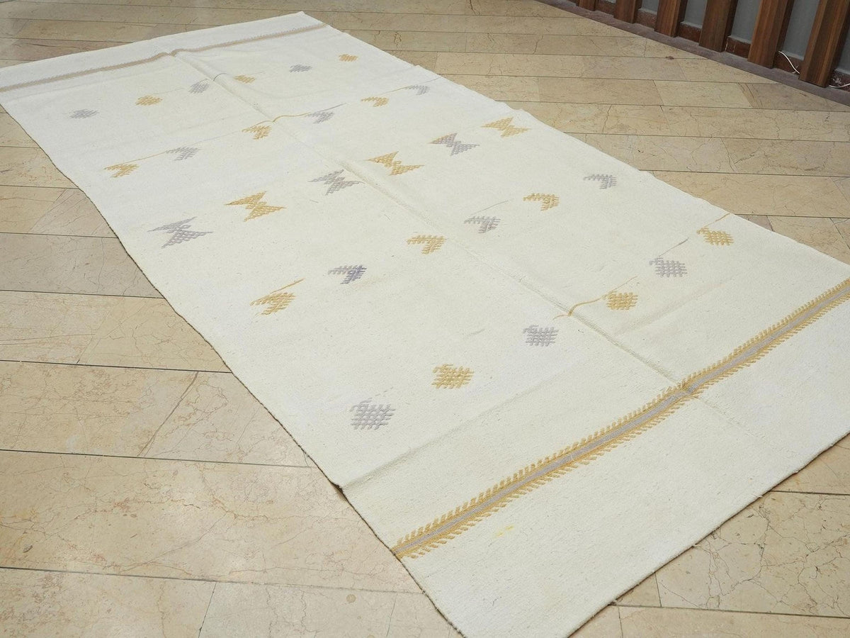 Vintage Turkish Kilim Rug: 5.6"x11.9" White Cotton Flat Weave rugs.