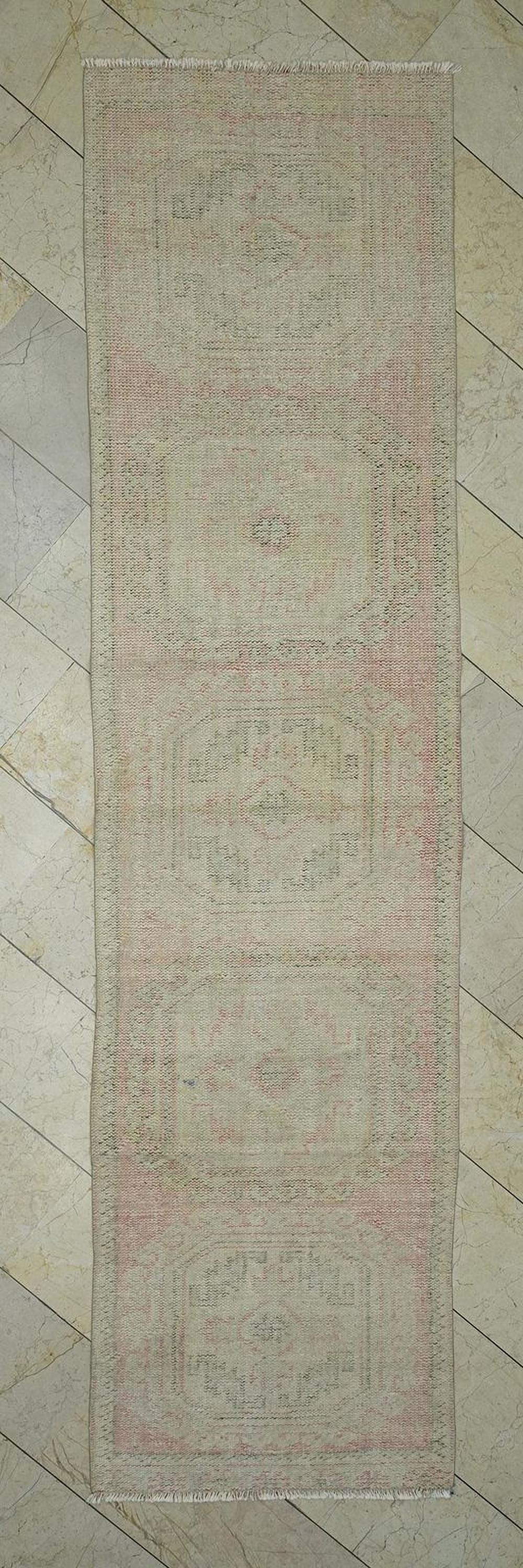 Vintage Oushak Turkish Rug Runner: Muted Red Blue Wool Area Rugs,2.9"x11" Ft