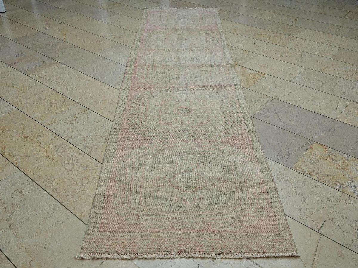 Vintage Oushak Turkish Rug Runner: Muted Red Blue Wool Area Rugs,2.9"x11" Ft