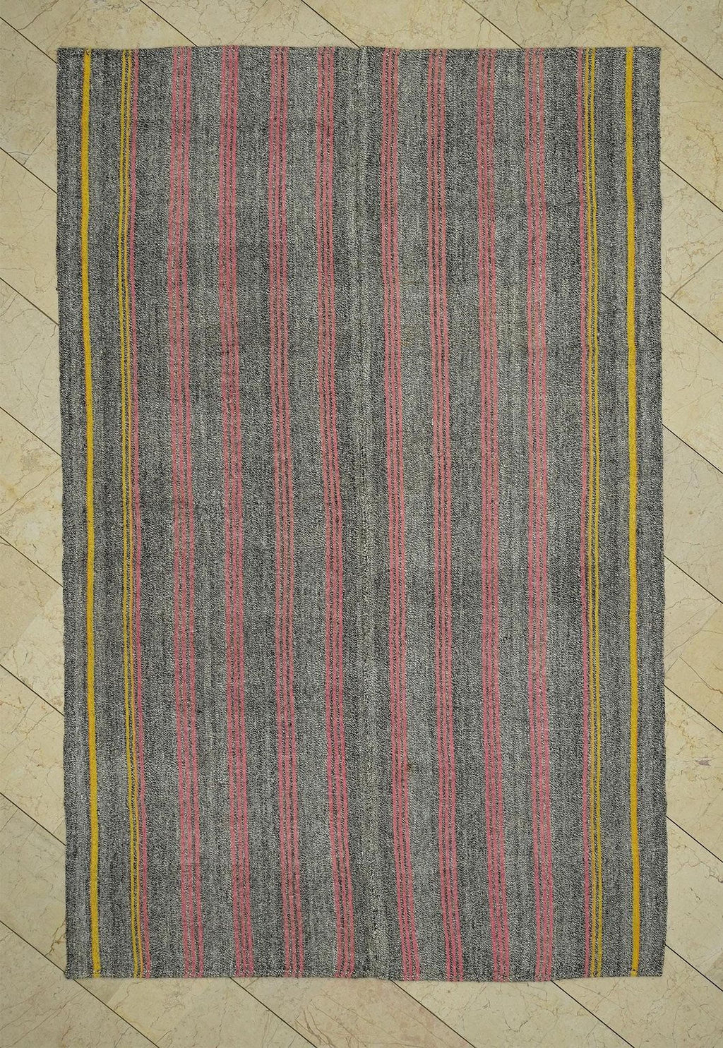 Pink Stripe Gray Kilim Rug: Mid Century Modern Turkish Flat Weave Rugs, 6,1x9,4 Feet.