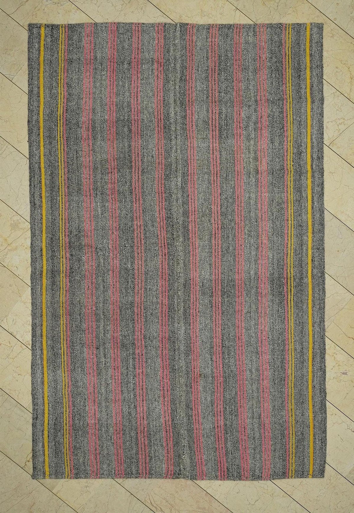 Pink Stripe Gray Kilim Rug: Mid Century Modern Turkish Flat Weave Rugs, 6,1x9,4 Feet.