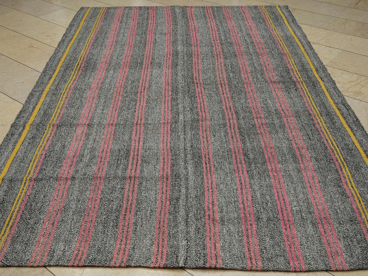 Pink Stripe Gray Kilim Rug: Mid Century Modern Turkish Flat Weave Rugs, 6,1x9,4 Feet.