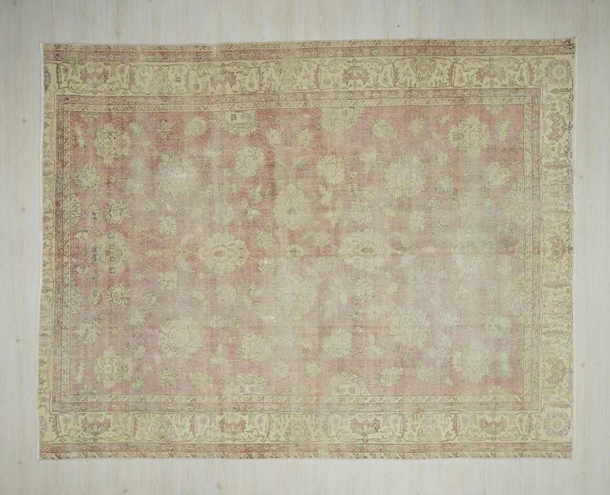 8x10 Antique Handwoven Oushak Rug: Mid-Century Modern Turkish Wool Carpet,Faded Red Area Rugs.