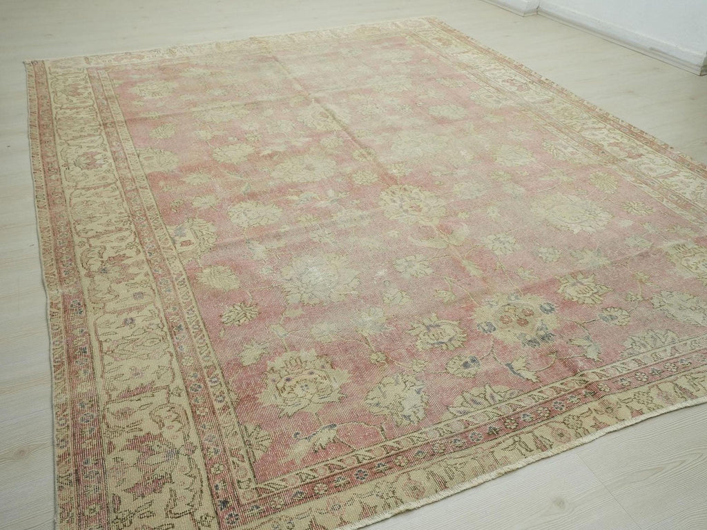 8x10 Antique Handwoven Oushak Rug: Mid-Century Modern Turkish Wool Carpet,Faded Red Area Rugs.