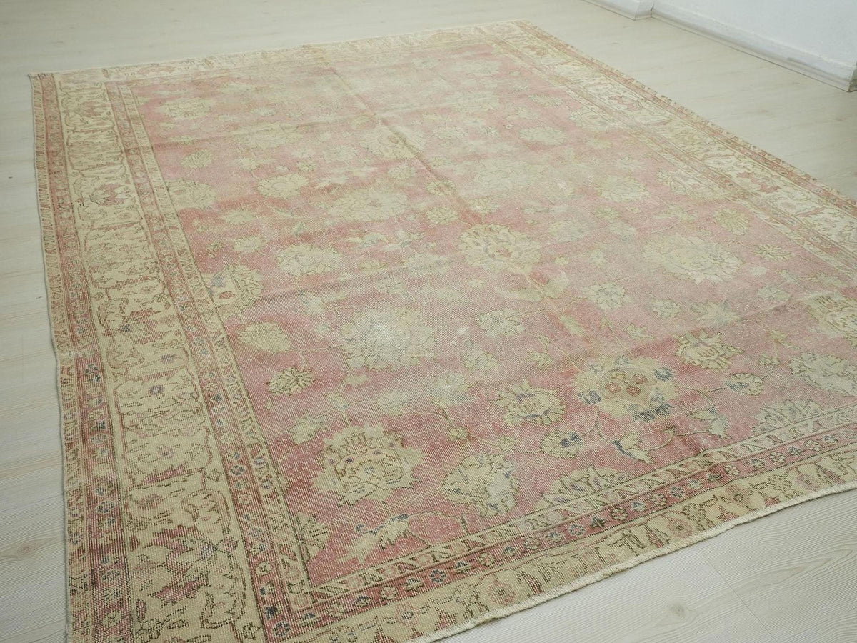 8x10 Antique Handwoven Oushak Rug: Mid-Century Modern Turkish Wool Carpet,Faded Red Area Rugs.