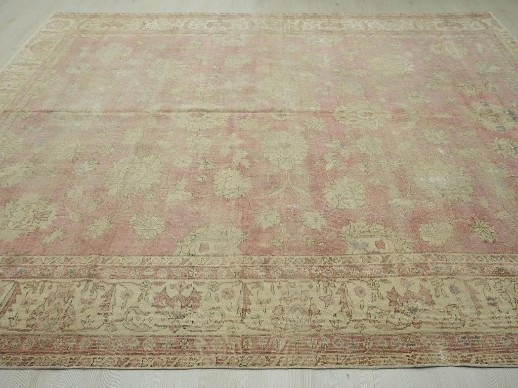 8x10 Antique Handwoven Oushak Rug: Mid-Century Modern Turkish Wool Carpet,Faded Red Area Rugs.