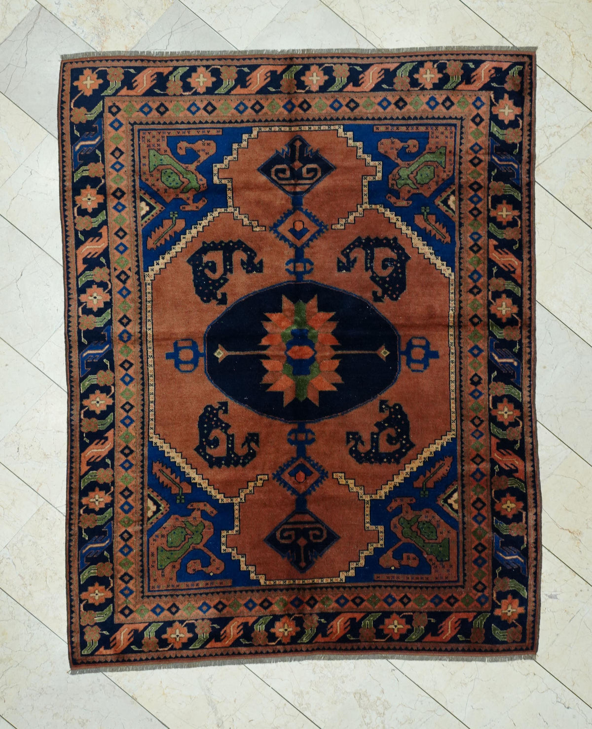 Terracotta Color Vintage Afghan Carpet Rug,5x6.5 Feet,Small Size Handmade Rugs.