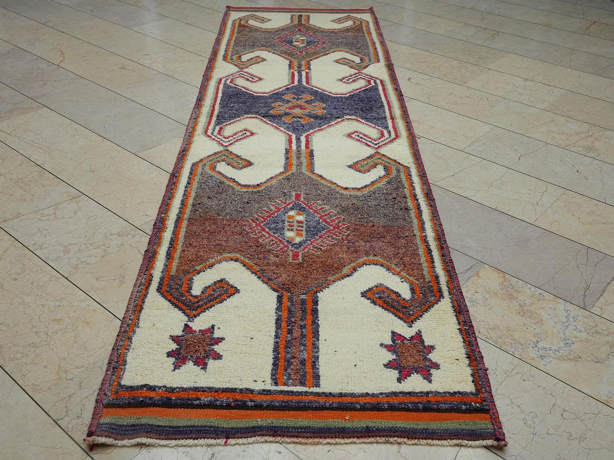Mid Century Modern Wool Rug Runner: 3x11 Ft, Turkish Tribal Anatolian Carpet Rugs.