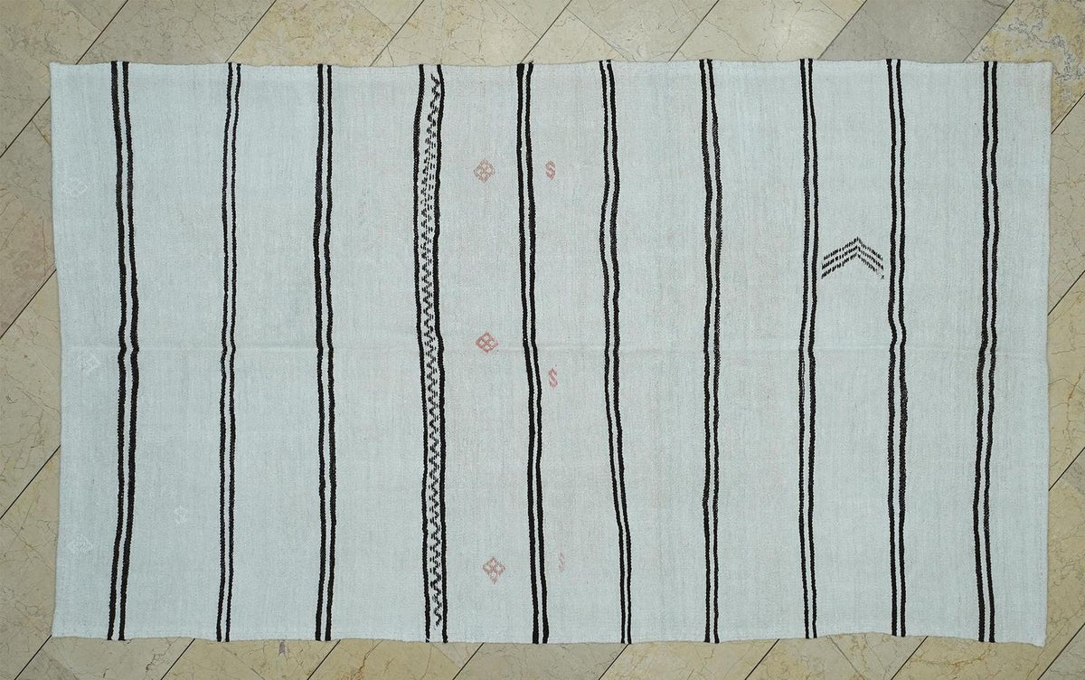 5x9 Hemp Kilim Rug: Dark Brown & White Stripe, Flat Weave Organic Area Rugs.