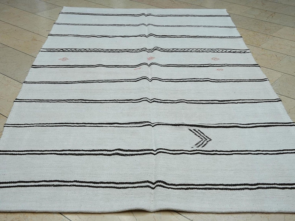 5x9 Hemp Kilim Rug: Dark Brown & White Stripe, Flat Weave Organic Area Rugs.