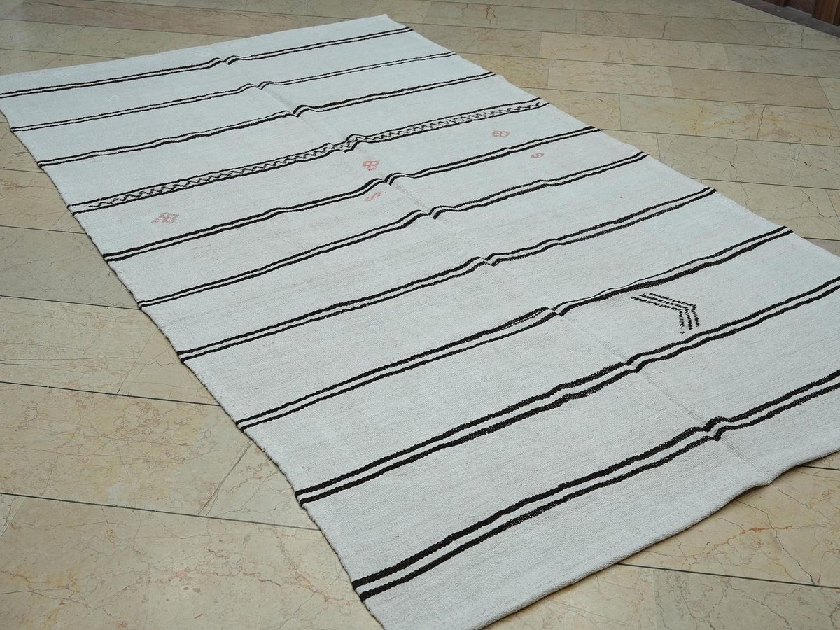 5x9 Hemp Kilim Rug: Dark Brown & White Stripe, Flat Weave Organic Area Rugs.