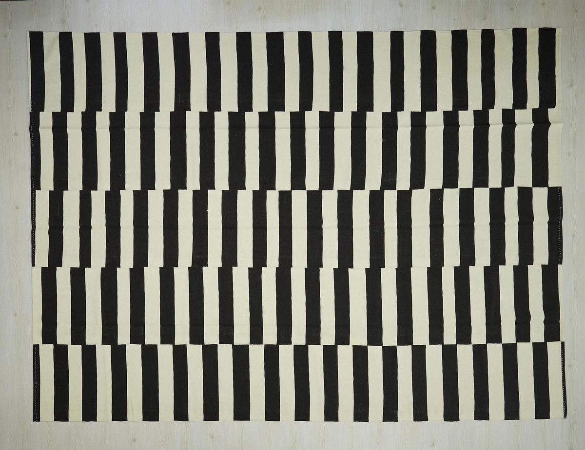 Modern Striped Turkish Kilim Rug: 9.1x12.4 ft, Dark Brown & White Flat Weave Rugs.