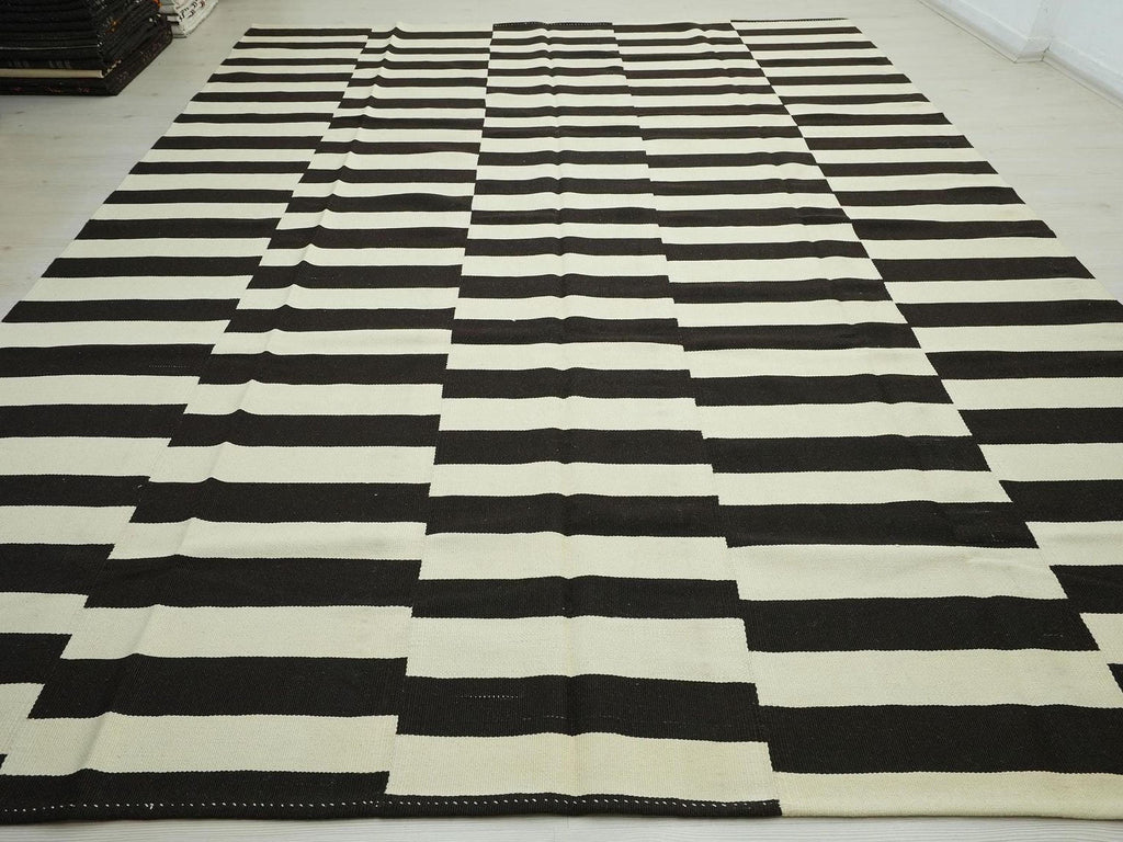 Modern Striped Turkish Kilim Rug: 9.1x12.4 ft, Dark Brown & White Flat Weave Rugs.