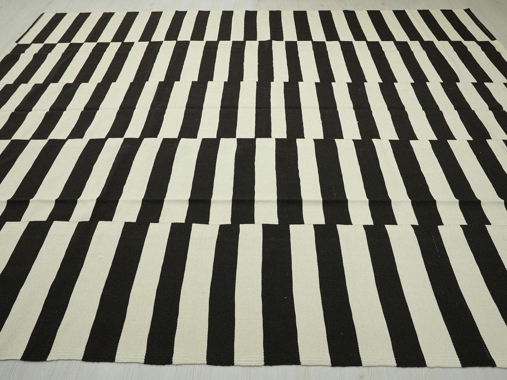Modern Striped Turkish Kilim Rug: 9.1x12.4 ft, Dark Brown & White Flat Weave Rugs.