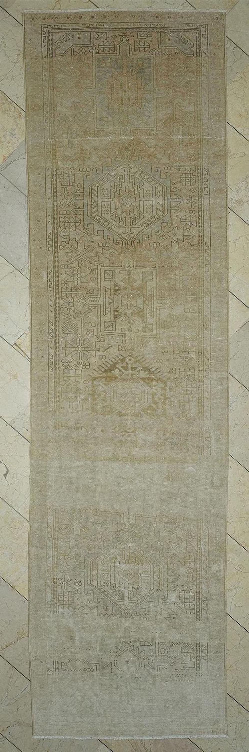 Vintage Turkish Rug Runner: 3x12 Beige Brown Area Wool Carpet Rugs